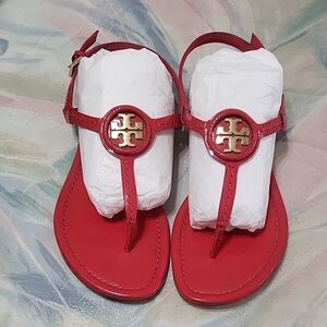 Tory Burch Red Pattern Thong Sandals with Gold Emblem